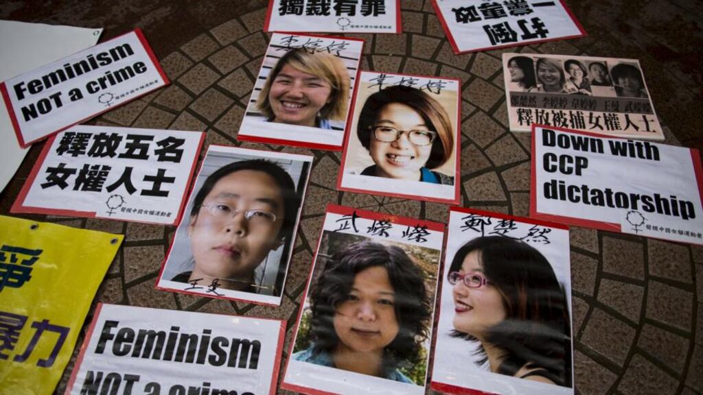 Portraits of Li Tingting (top L), Wei Tingting (top R), (bottom, L-R) Wang Man, Wu Rongrong and Zheng Churan are pictured during a protest calling for their release in Hong Kong last week. Photograph: Reuters