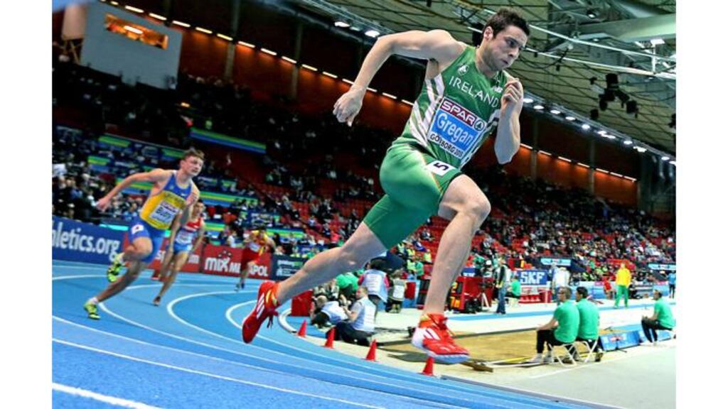Brian Gregan on his way to winning his heat of the men's 400 metres at the European Indoor Championships in Gothenburg. Photograph: Morgan Treacy/Inpho