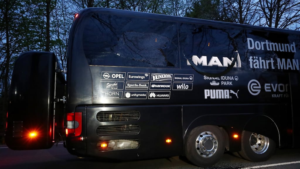 The Borussia Dortmund team bus after an explosion before the game European Champions League quarter-final against AS Monaco. Photograph: Reuters