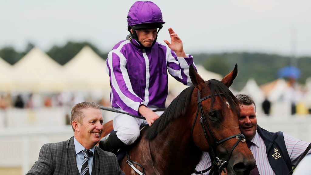 Ryan Moore celebrates winning the Diamond Jubilee Stakes on Merchant Navy at Royal Ascot. Photograph: Andrew Boyers/Reuters