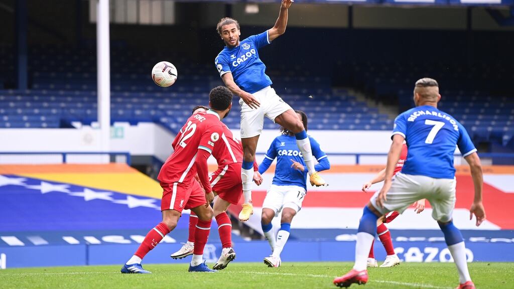 Dominic Calvert-Lewin leaps to score Everton’s equaliser at Goodison Park. Photograph: Laurence Griffiths/Getty