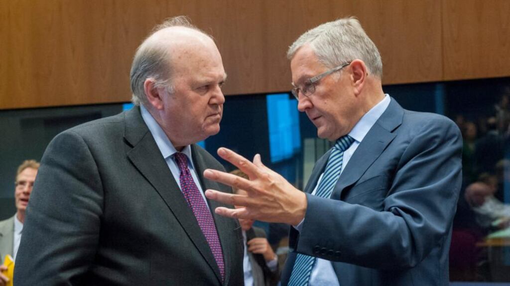Minister for Finance Michael Noonan with Klaus Regling, from Germany, Managing Director of the European Stability Mechanism (ESM) prior to the eurogroup finance ministers meeting in Luxembourg. Photograph: Nicolas Bouvy/EPA
