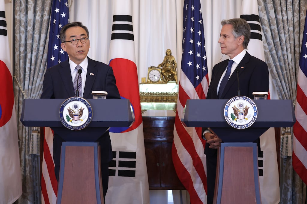 South Korean Minister of Foreign Affairs Cho Tae-yul and US Secretary of State Antony Blinken participate in a joint news conference Photograph: Getty Images