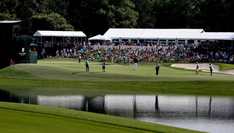 The 16th green at Quail Hollow has water to the left and a bunker to the right. Photograph: Streeter Lecka/Getty Images
