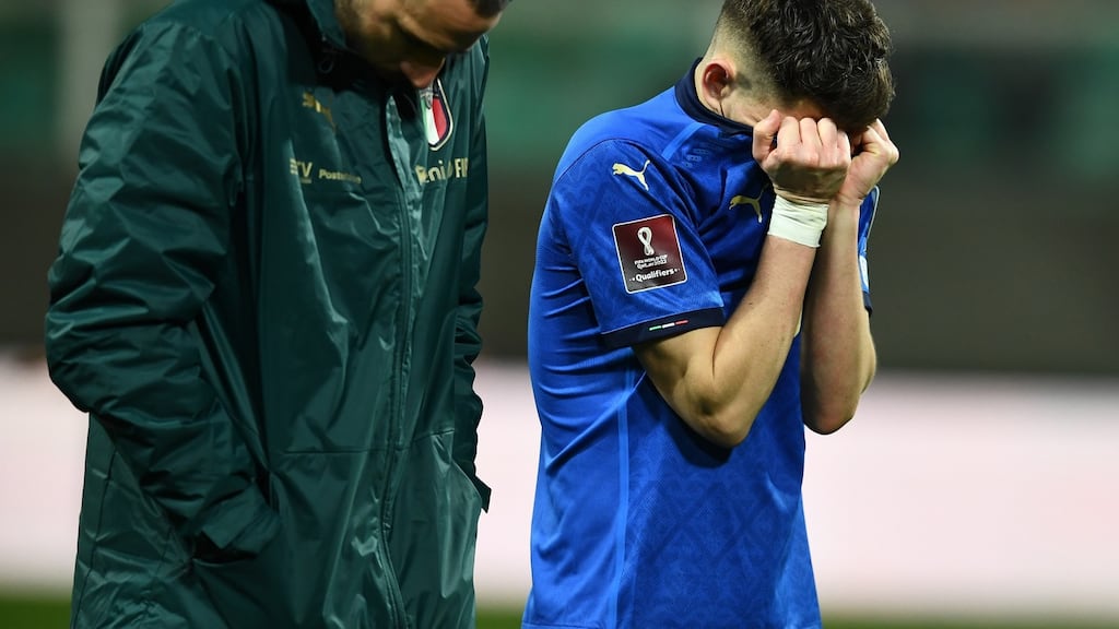 Jorginho leaves the field after Italy’s defeat to North Macedonia. Photograph: Claudio Villa/Getty Images
