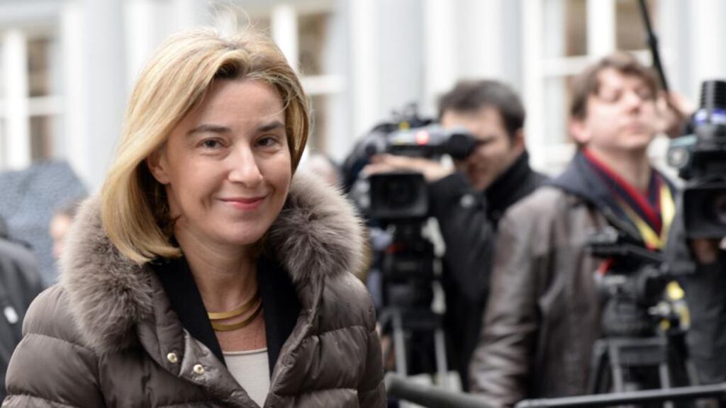 EU foreign policy chief Federica Mogherini arrives to attend a conference on Ebola on Tuesday in  Brussels. Leaders of Ebola-hit countries in west Africa attend an international conference in Brussels  to mobilise a final push to end the outbreak and ensure the delivery of nearly $5 billion in aid pledges. Photograph: AFP