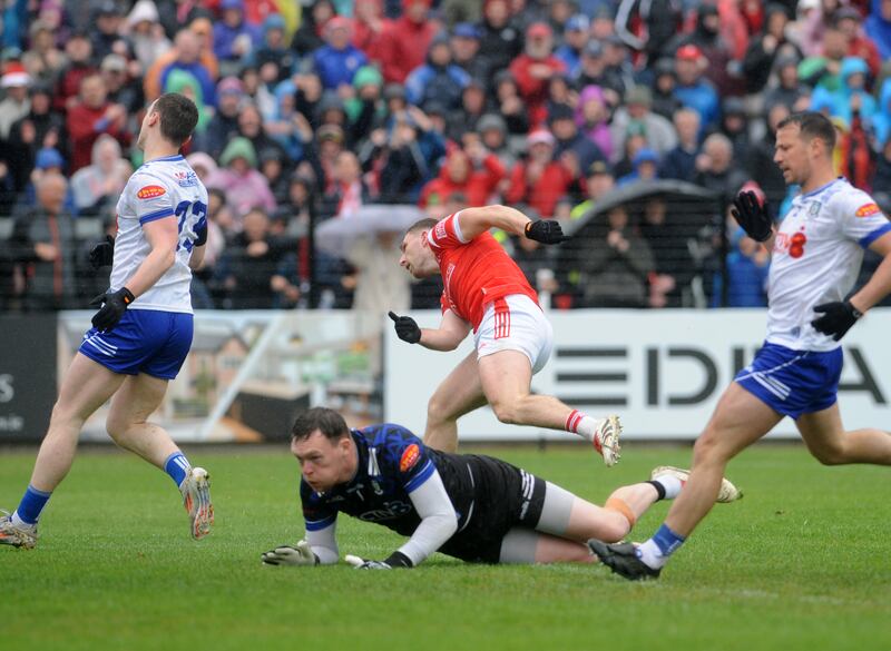 Louth’s Sam Mulroy celebrates scoring a goal. Photograph: Ciaran Culligan/Inpho