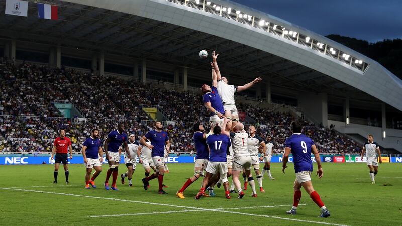 The USA’s Cam Dolan and France’s Bernard Le Roux compete for a lineout at the Fukuoka Hakatanomori Stadium. Photograph: Mike Hewitt/Getty