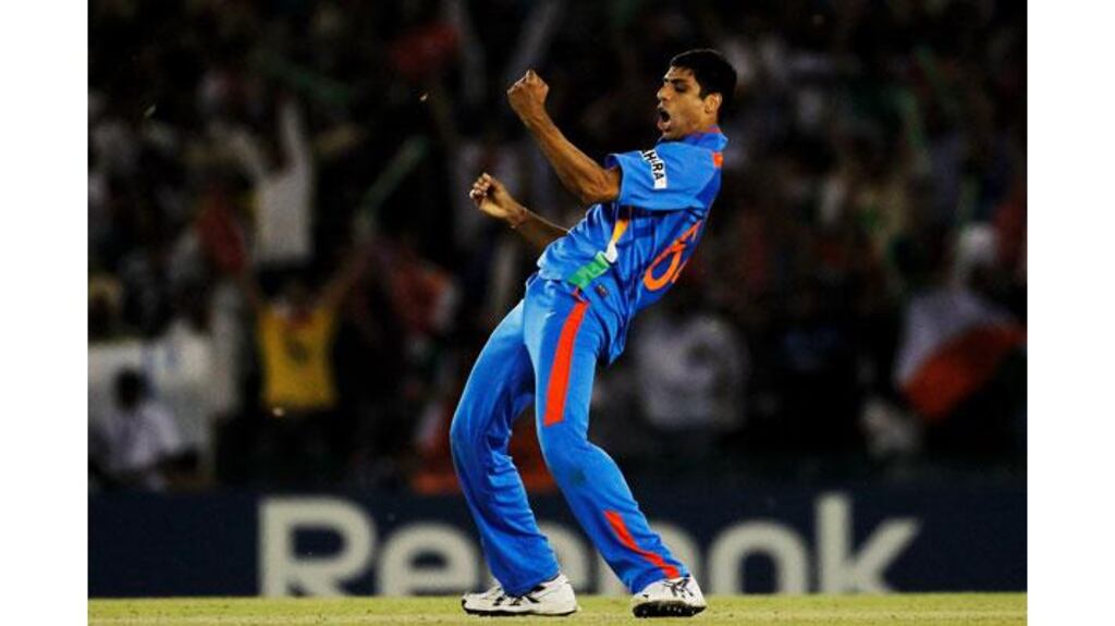 India's Ashish Nehra celebrates after taking the wicket of Umar Gul of Pakistan during the World Cup second semi-final win at Punjab Cricket Association (PCA) Stadium in Mohali, India. Photograph: Daniel Berehulak/Getty Images