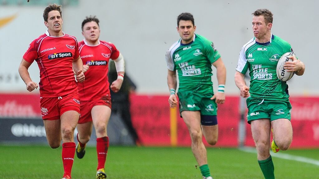 Connacht’s Matt Healy runs in their first try against Scarlets in their Pro12 match at  Parc y Scarlets, Wales. Photograph: Inpho