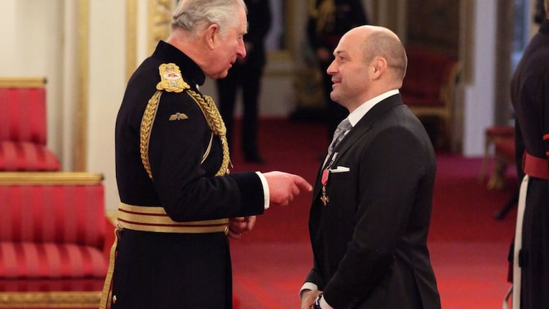 Rory Best is made an OBE (Officer of the Order of the British Empire) by the Prince Charles during an Investiture ceremony at Buckingham palace, London. Photograph: Yui Mok/PA Wire