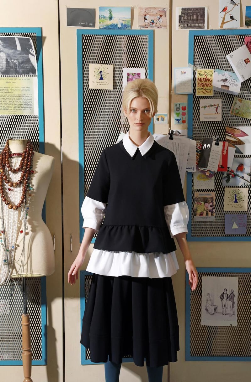 Flounce-hem top €110, pleat-sleeve shirt (worn under top) €110