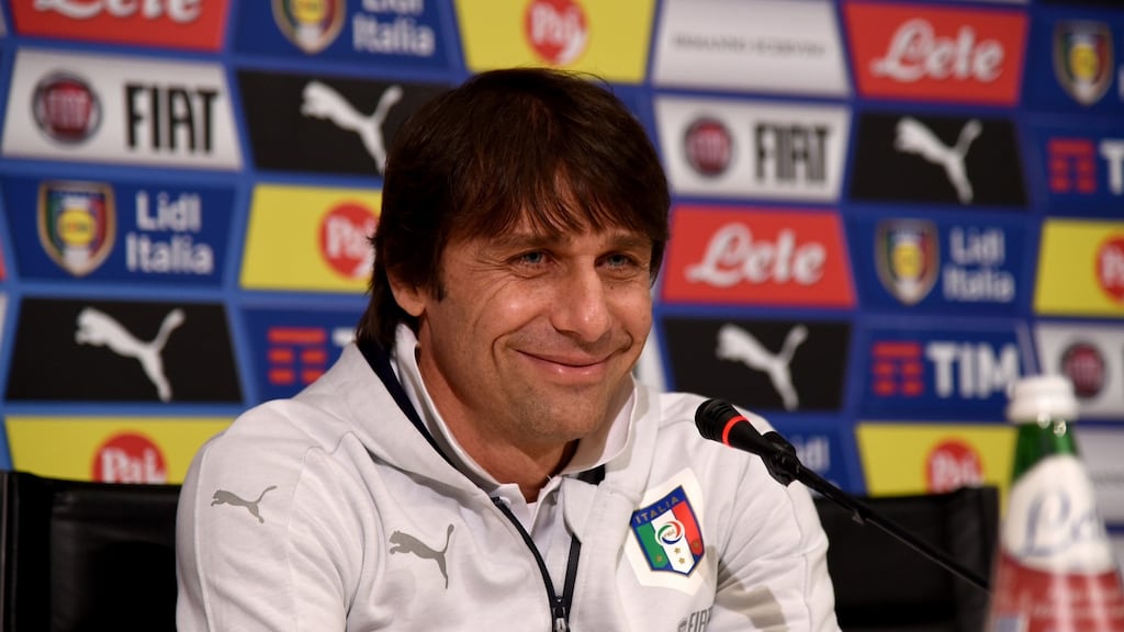 Italian national team head coach Antonio Conte speaks to the media during a press conference in Florence. Photograph: Claudio Villa/Getty Images