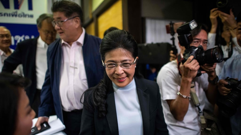 Pheu Thai party’s candidate for prime minister Sudarat Keyuraphan (centre) after speaking at a press conference in Bangkok on Monday following  Thailand’s general election. Photograph: Jewel Samad/AFP/Getty Images