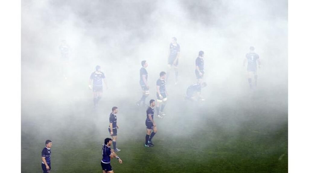 The Leinster players take to the field at the beginning of the match. Photograph: Billy Stickland/Inpho