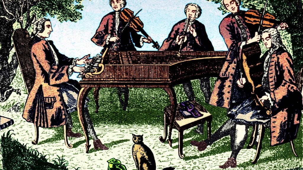 Scarlatti, Tartini, Martini, Locatelli and Lanzetta playing music together with harpsichord, violin, viol and flute. Late baroque, 17th century. Photograph: History & Art Images via Getty Images