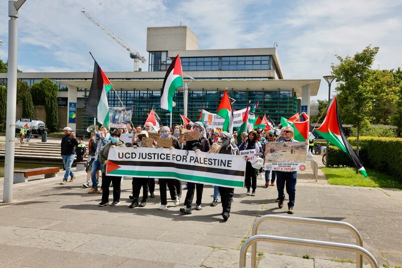 Members and supporters of the UCD Justice for Palestine group marching in solidarity with the UCD Palestine encampment last month. Photo: Alan Betson