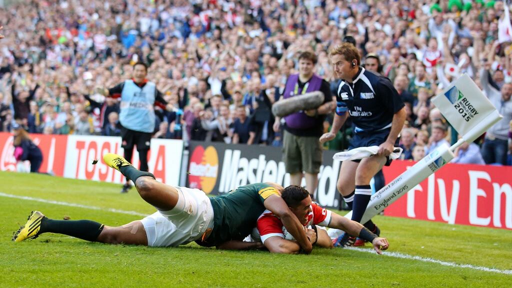 Japan’s Karne Hesketh scores the winning try during the Rugby World Cup match at the Brighton Community Stadium. Photograph: Gareth Fuller/PA