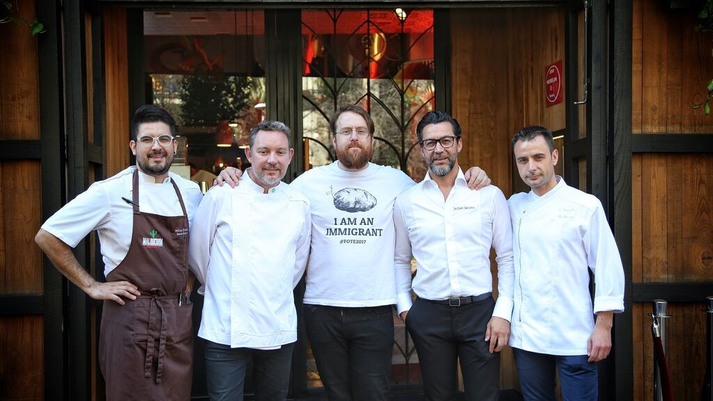 Spanish chefs Paco Mendes, Albert Adria,  Quique Dacosta and Eduard Xatruch with Food on the Edge director JP McMahon at the symposium launch in Barcelona  on Monday evening.