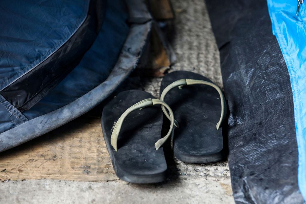 Flip-flops outside tents at a makeshift refugee camp near the International Protection Office in Dublin city centre earlier this year. Photograph: Paul Faith/AFP/Getty