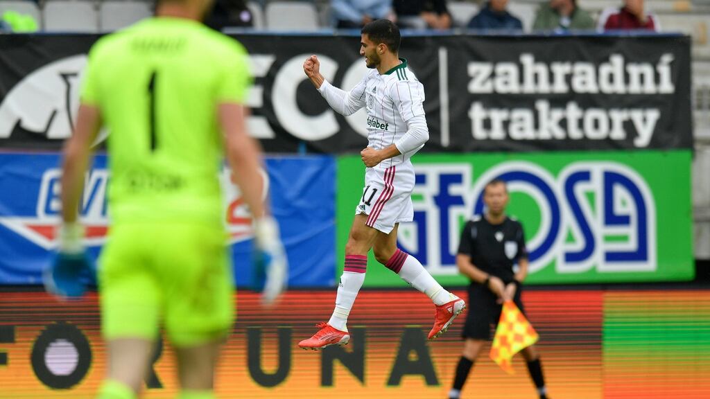 Celtic’s Liel Abada celebrates after scoring his side’s opener against FK Jablonec. Photograph: Radek Petrasek/AP