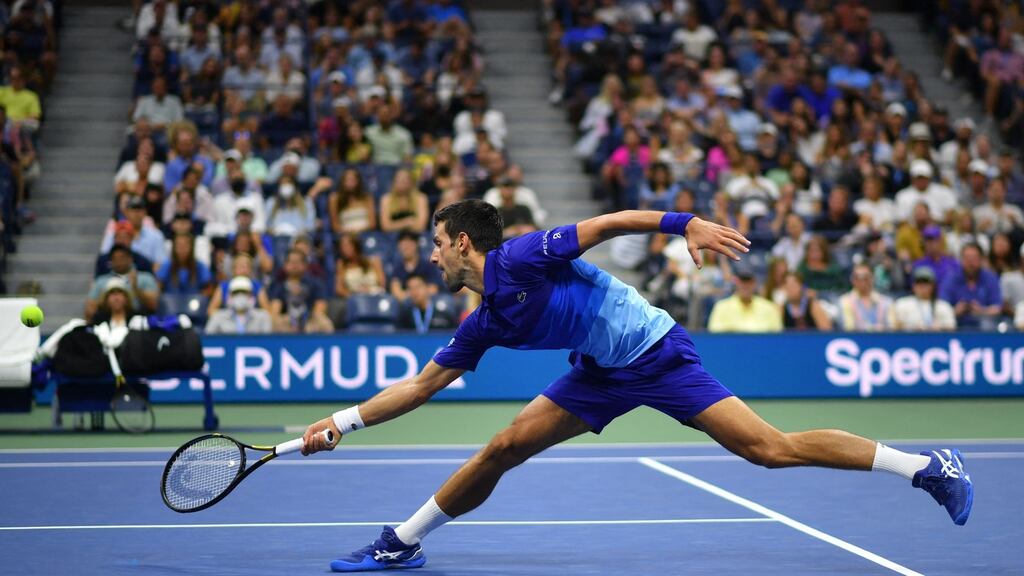 Serbia’s Novak Djokovic hits a return to US player Jenson Brooksby during their US Open fourth round match. Photograph: Getty Images