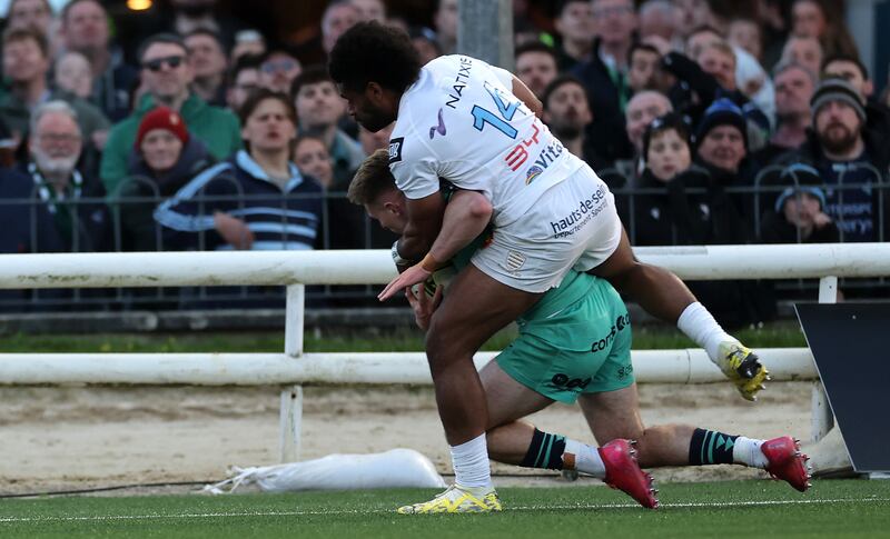 Connacht’s Finn Treacy is tackled high by Racing's Wame Naituvi, who was shown a red card for the challenge. Photograph: James Crombie/Inpho