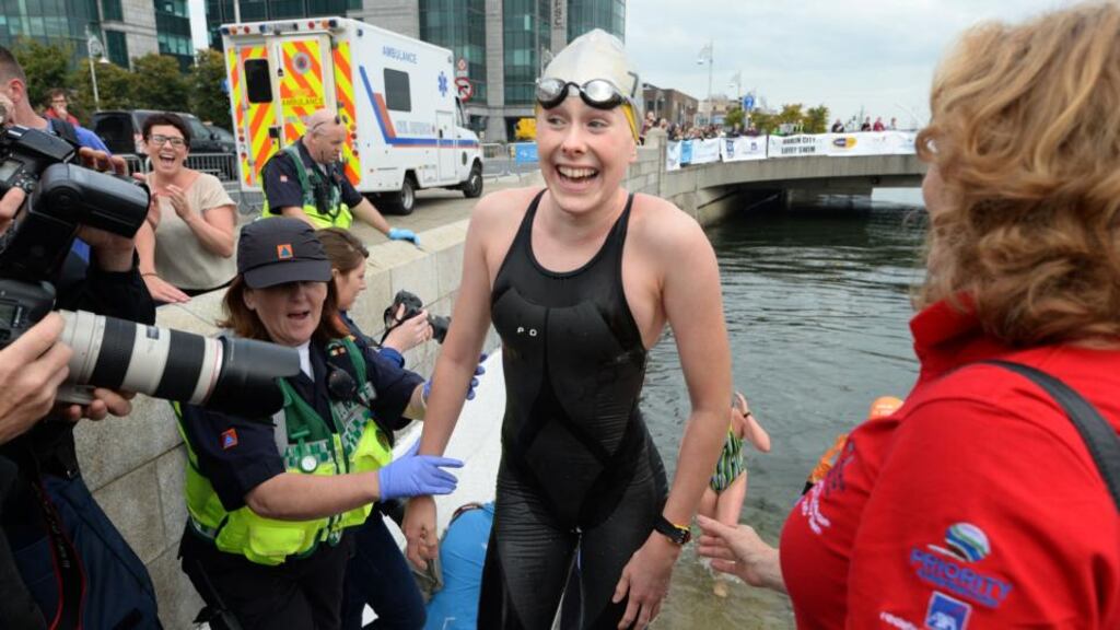 Orla Walsh from the ESB Swimming Club was the winner of the ladies’ trophy at the Liffey Swim on Saturday. Photograph: Dara Mac Dónaill / The Irish Times