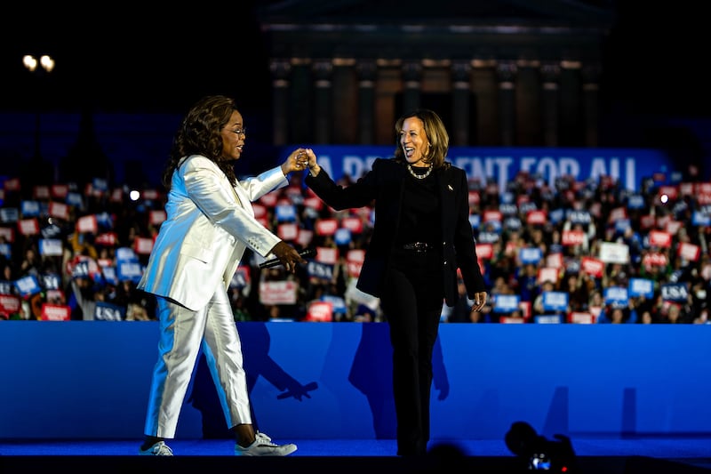 Democratic presidential nominee President Kamala Harris is joined by Oprah Winfrey during the closing rally of her campaign at the Philadelphia Museum of Art. Photograph: Kent Nishimura/Getty Images
