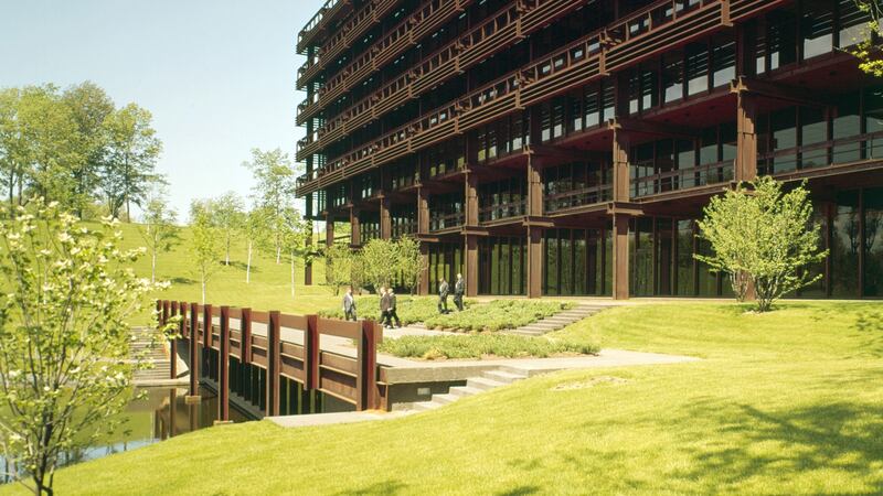 Deere & Company Headquarters, Moline, Illinois was designed by the Finnish architect Eero Saarinen and completed by Kevin Roche. Photographed: Balthazar Korab/ Universal History Archive/UIG via Getty Images