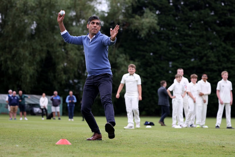 British prime minister Rishi Sunak playing cricket during a visit to Nuneaton cricket club as he campaigned in the midlands. Photograph:  Dan Kitwood/pool/Getty Images