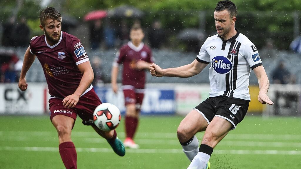 Robbie Benson of Dundalk in action against Alex Byrne of Galway United during the SSE Airtricity League Premier Division match  at Oriel Park in Dundalk. Photograph: David Maher/Sportsfile via Getty Images