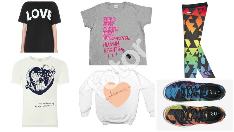 Vivienne Westwood Save the Artic T-shirt, €65 (profits from sales are donated to Greenpeace); Girls Just Wanna Have Fundamental Human Rights T-shirt, €27.08 at feministapparel.com; Love T-shirt by Katharine E Hamnett at YMC, €75 at Selfridges (ethically made in India from pure organic cotton, and referencing compassion and unity); feminist heart jumper, €40.64 at feministapparel.com; Nike Lunartempo 2 BeTrue Unisex running shoe, €122; and Nike Pro BeTrue Training Tights, €100 (the 2016 BeTrue collection is inspired by the LGBT community)