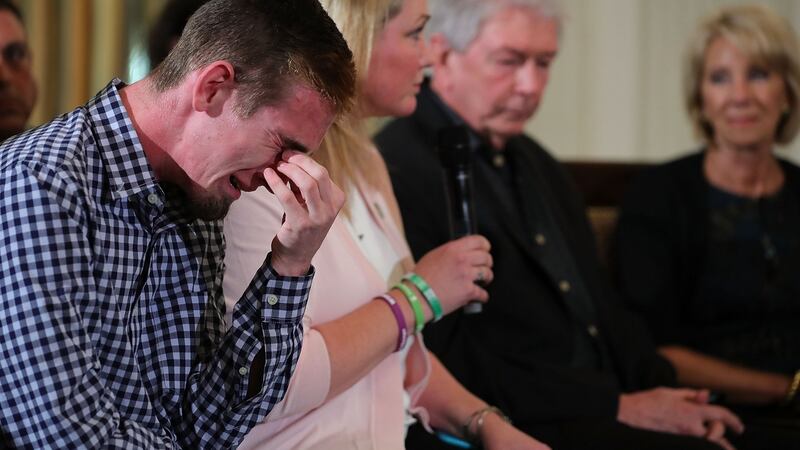 Marjory Stoneman Douglas High School senior Samuel Zeif weeps after talking about how his best friend was killed during last week’s mass shooting, at the White House on Wednesday. Photograph: Chip Somodevilla/Getty Images