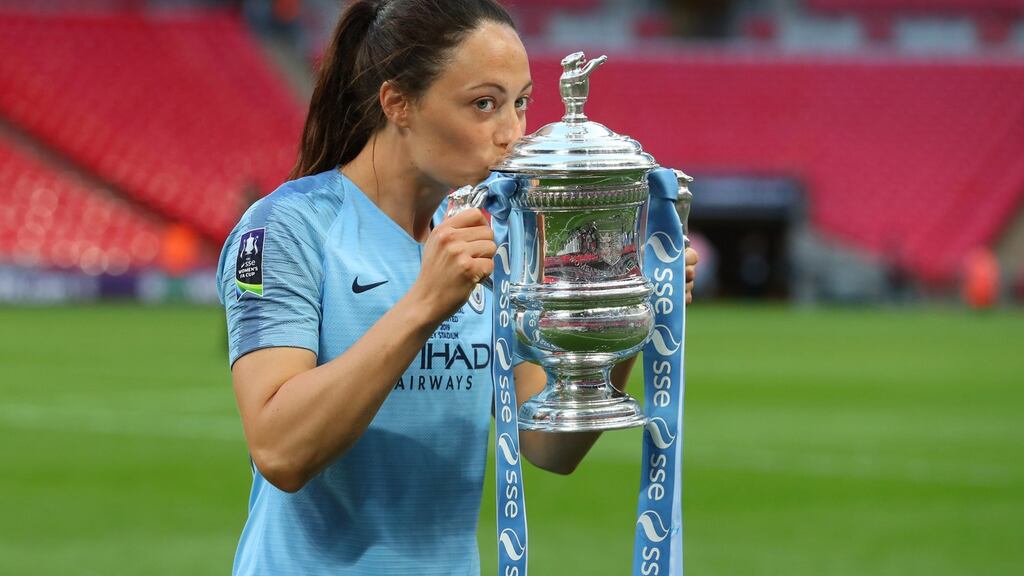 Manchester City’s Megan Campbell celebrates with the Women’s FA Cup after beating West Ham United Ladies at Wembley Stadium on May 4th. Photograph: Getty Images