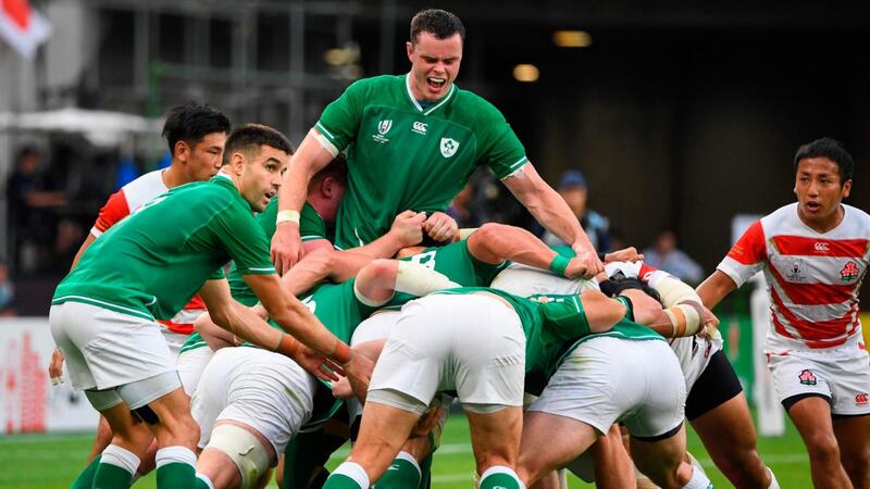 James Ryan leads the Irish maul during the Rugby World Cup Pool A match against Japan at the Ecopa stadium in Shizuoka. Photograph: William West/AFP/Getty Images