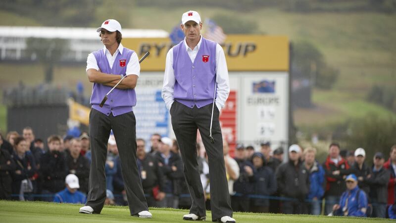 Rickie Fowler and Jim Furyk during the Ryder Cup foursomes at Celtic Manor Resort. Newport, Wales. Photograph: Robert Beck//Sports Illustrated via Getty Images