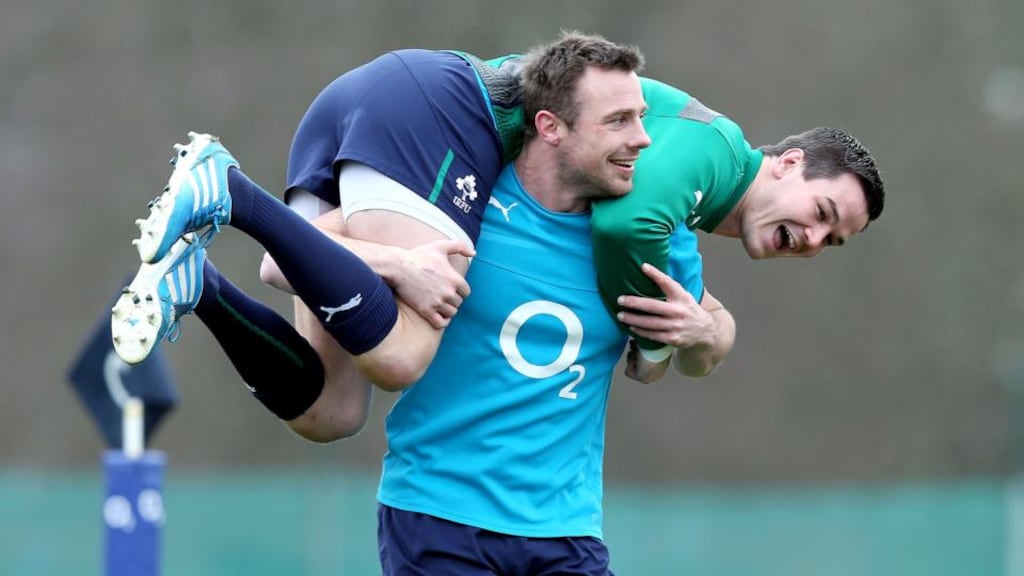 Tommy Bowe and Jonathan Sexton during an Ireland training session at Carton House last week. Photograph: Dan Sheridan/Inpho