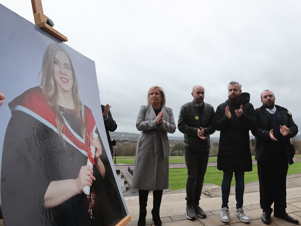 Sinn Féin vice-president Michelle O'Neill with Natalie McNally's brothers Declan, Niall and Brendan during a vigil last Thursday at Parliament Buildings in Belfast for women who have died in violent circumstances. Photograph: Liam McBurney/PA Wire