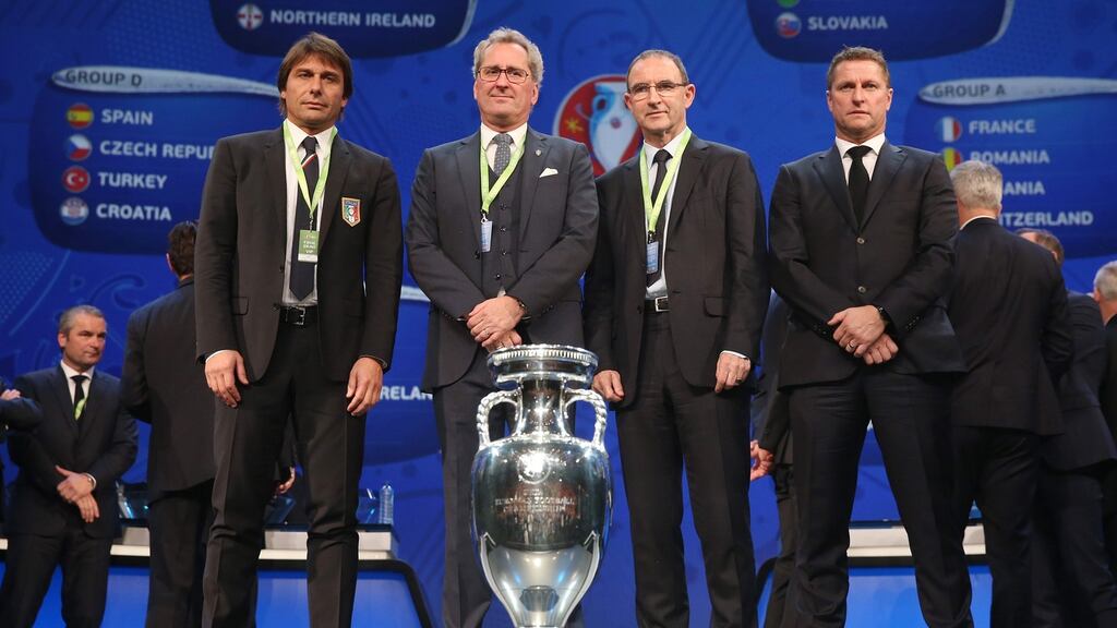 Italy’s coach Antonio Conte, Sweden’s coach Erik Hamren, Martin O’Neill, and Belgian assistant coach Vital Borke at the Euro 2016 draw ceremony at the Palais des Congrès in Paris. Photograph: Christian Charisius/EPA