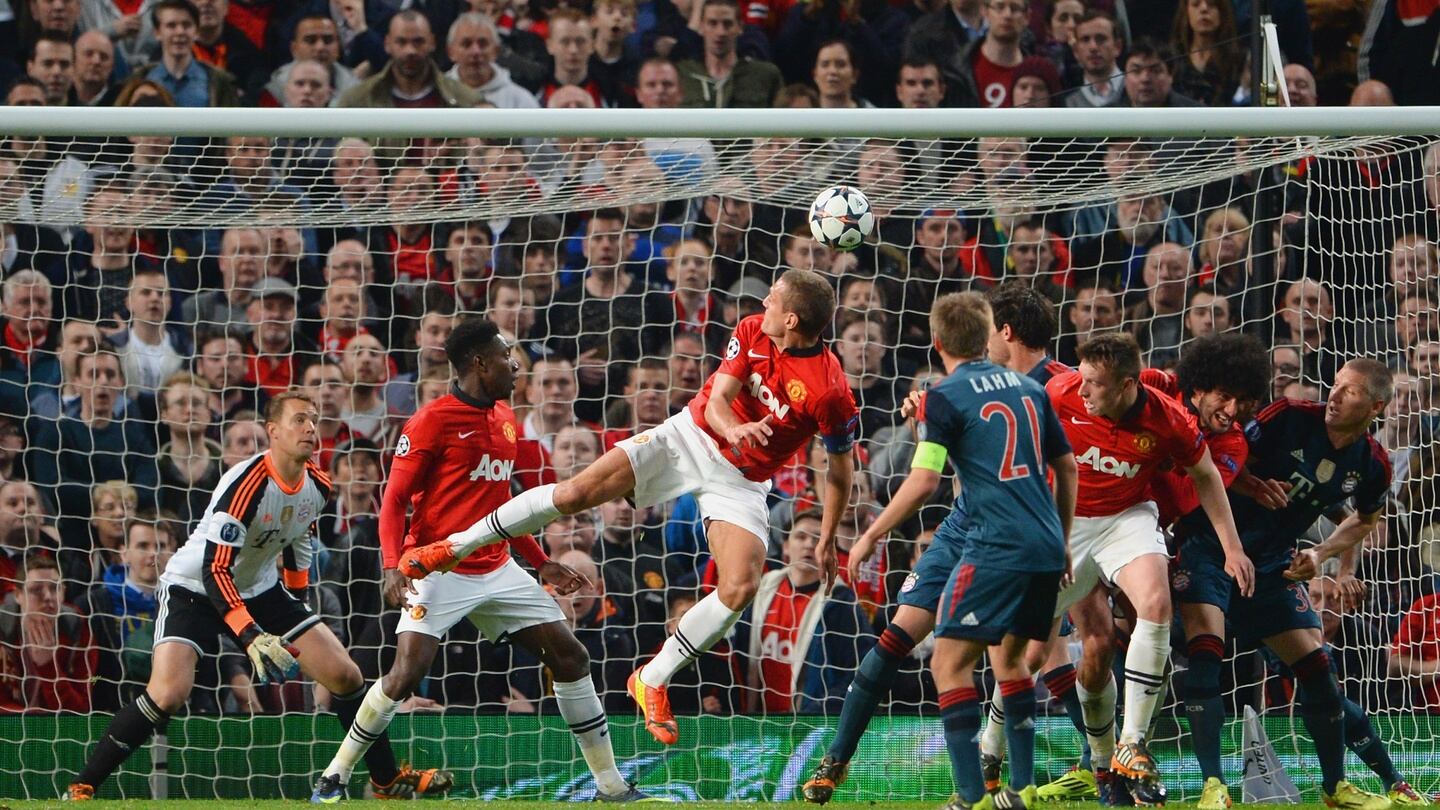 Vidic scores for Manchester United in the 2014 Champions League quarter-final against Bayern Munich. Photo: Michael Regan/Getty Images