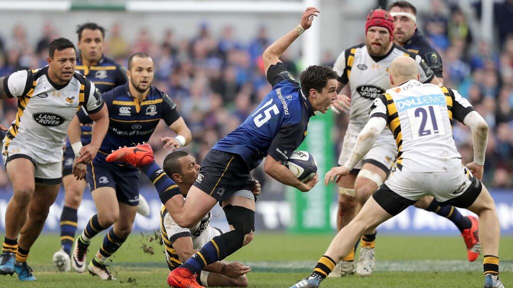 Leinster’s Joey Carbery steps past Kurtley Beale of Wasps during his team’s win at the Aviva. Photograph: Morgan Treacy/Inpho