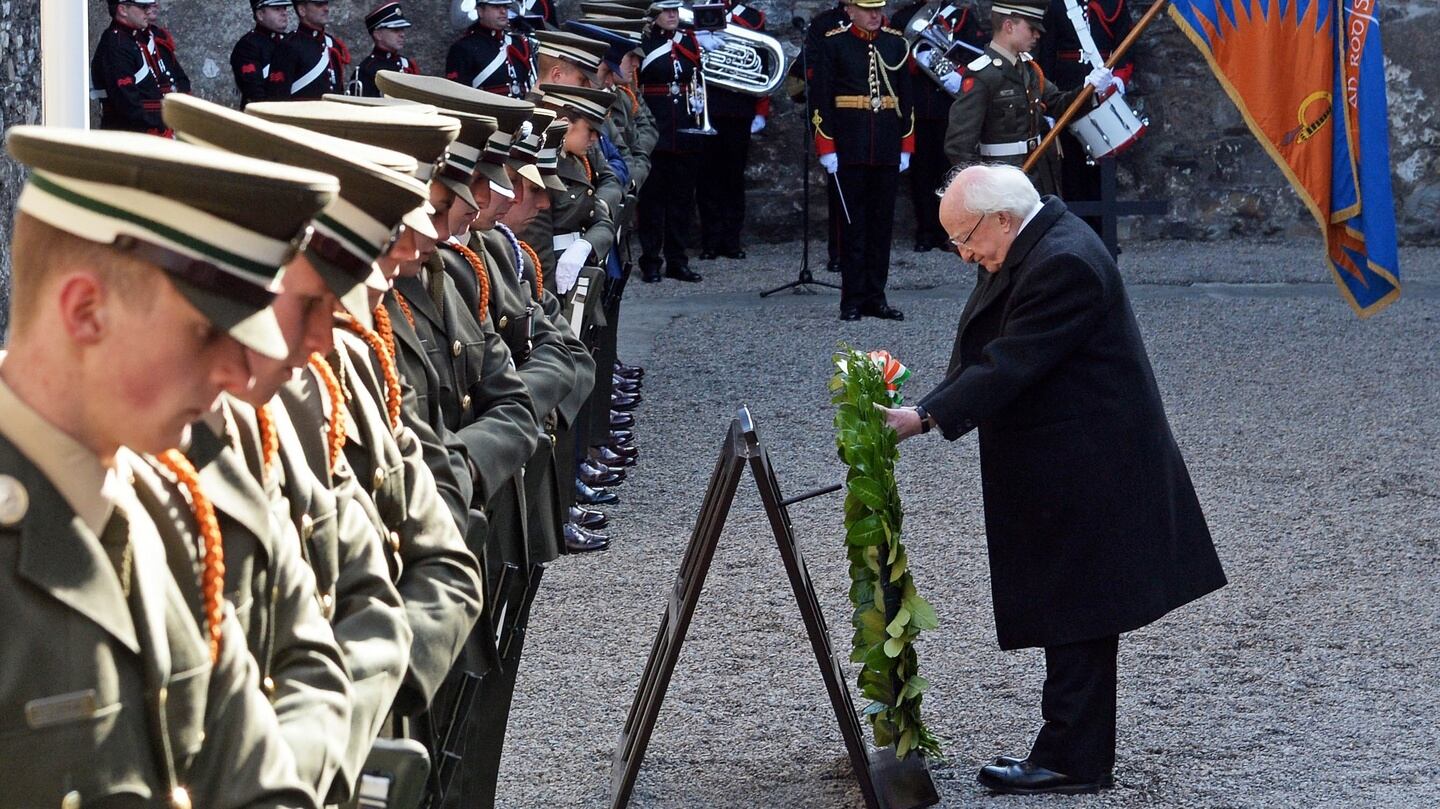 President Higgins lays a wreath in the Stone Breakers’ yard in Kilmainham Gaol where rebels were executed in 1916. Photograph: Eric Luke / The Irish Times