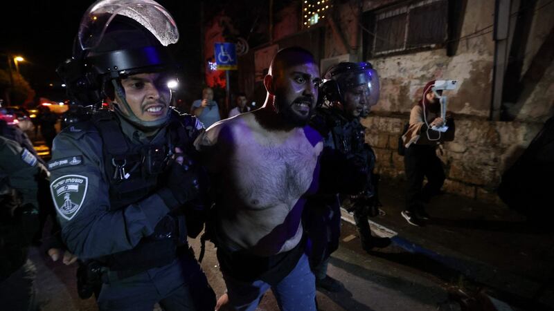 A Palestinian protester is arrested from in front of an Israeli settler’s house during a demonstration in the Sheikh Jarrah neighbourhood of occupied East Jerusalem on May 5th. Photograph: Emmanuel Dunand/AFP via Getty Images