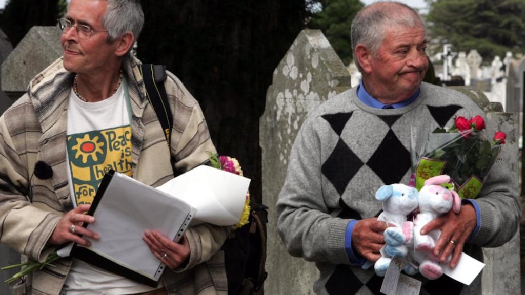 Members of the Bethany Survivors Group Patrick Anderson-McQuoid and Derek Leinster in 2010 at the burial site of children from the Bethany Home, at Mount Jerome Cemetery, Harolds Cross, Dublin. Photograph: Eric Luke