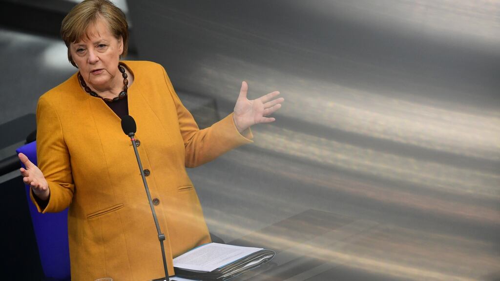 German chancellor Angela Merkel speaking in the  Bundestag on Wednesday. Photograph: Clemens Bilan/EPA