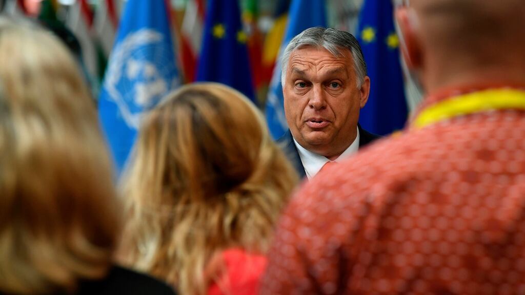 Hungary’s Prime Minister Viktor Orban arrives for an EU summit at the European Council building in Brussels. Photograph: John Thys/Pool/AP