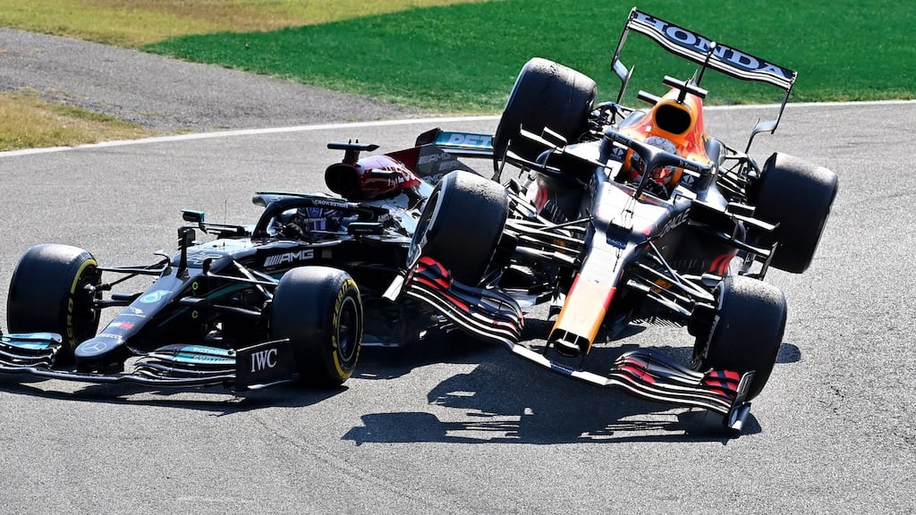 Max Verstappen crashes into Lewis Hamilton during the Italian Grand Prix. Photograph: Peter Van Egmond/Getty Images