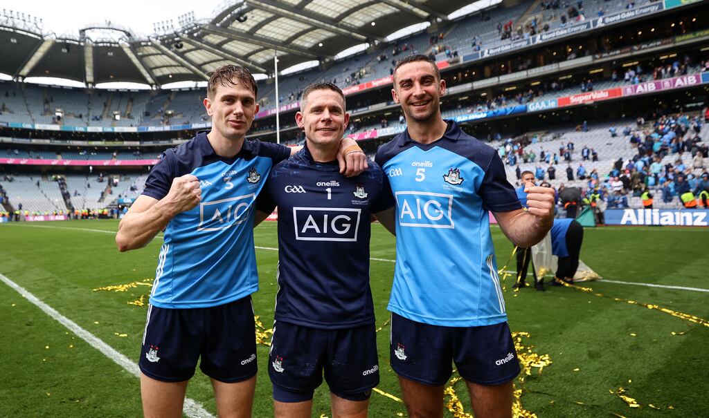 Dublin's Michael Fitzsimons, Stephen Cluxton and James McCarthy celebrate after each earned a ninth All-Ireland medal. Photograph: James Crombie/Inpho