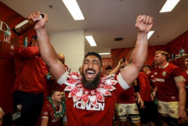 Bundee Aki celebrates with team-mates in the dressingroom after the Lions' second Test victory over the Wallabies at Melbourne Cricket Ground. Photograph: Dan Sheridan/Inpho